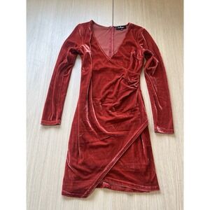 Lulus Women's Red Velvet Wrap Ruched Long Sleeve Bodycon Dress Size S